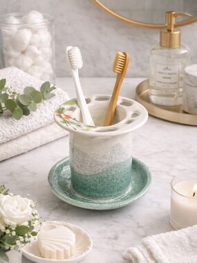 Jeff Chang Pottery Studio Hawaii Floral Signed Vintage 1997 Toothbrush Holder